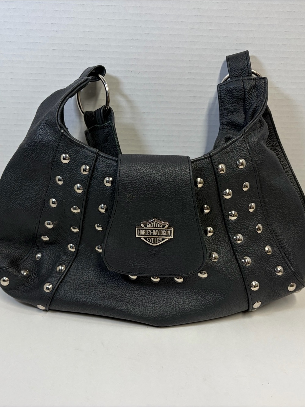 Harley-Davidson Black Leather Studded Shoulder Bag with Logo Plaque